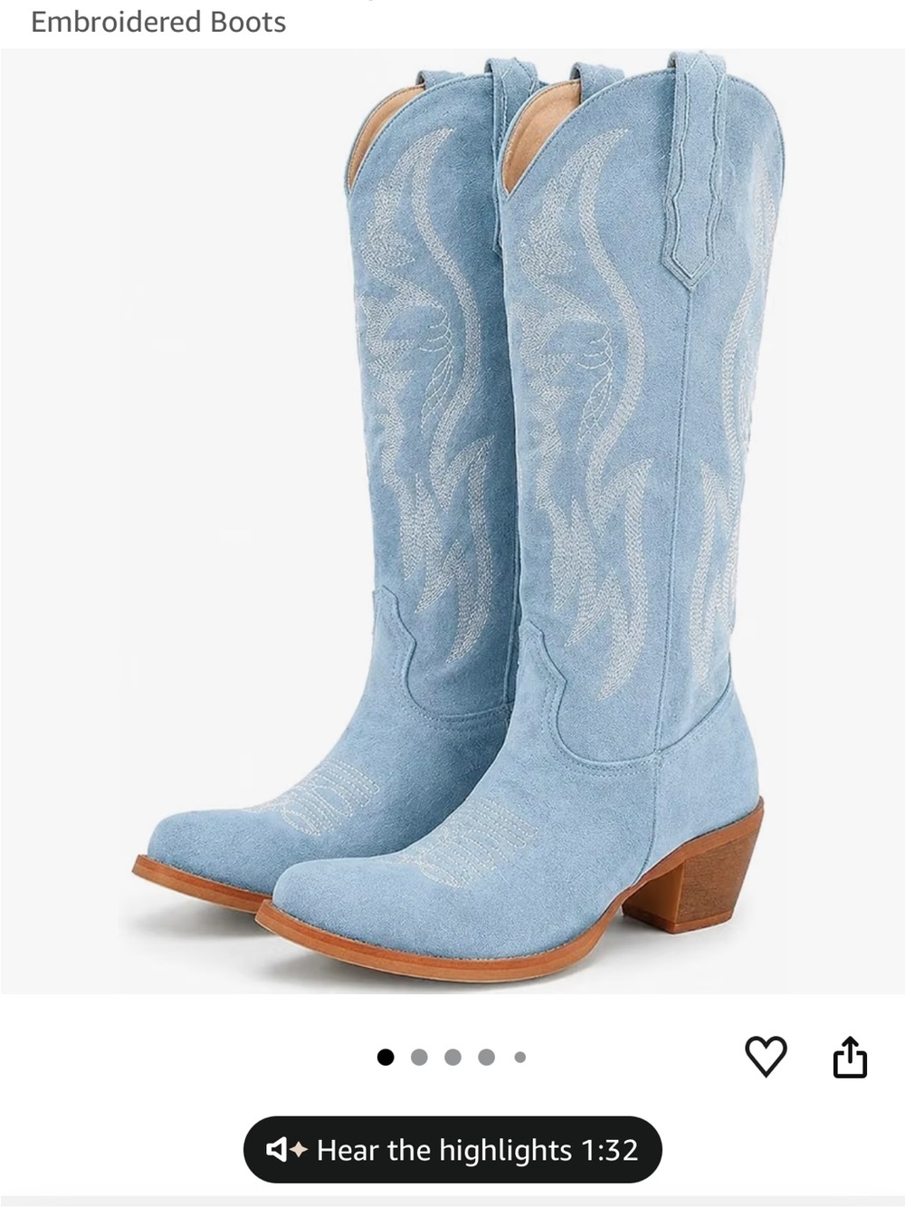 Amazon Light Blue Embroidered Suede Western Heeled Boots